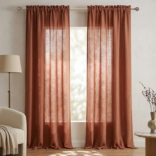 Tende in terracotta, lunghe 274 cm, per soggiorno, set di 2 pannelli, con tasca per asta, leggere, ariose, fluide, in lino semi velato, filtro dalla luce, tende antiruggine, per patio, porta