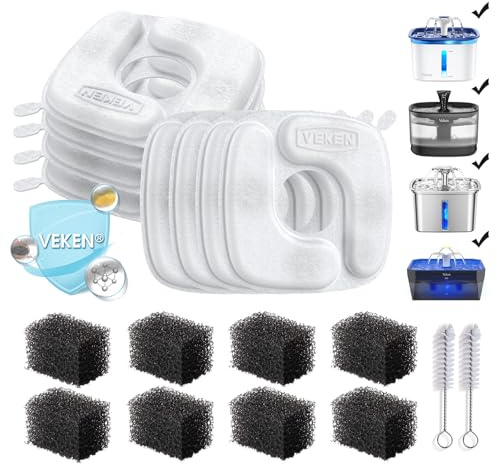 Veken Cat Water Fountain Filters, 8 Pack Replacement Filters & 8 Pack Replacement Pre-Filter Sponges Set for 50oz, 84oz, 95oz or 108oz Automatic Pet Fountain Dog Water Dispenser