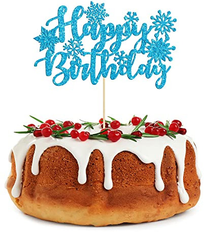Gyufise 1 Pack Snowflake Happy Birthday Cake Topper Blue Glitter Winter Wonderland Cake Pick Winter Frozen Theme Cake Decorations Birthday Frozen Theme Party Christmas Baby Shower Wedding Decoration