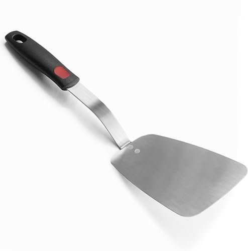 XiaoZu Stainless Steel Flexible Spatula Turner, Thin Metal Slotted Spatula for Cast Iron Skillet, Thin Blade and Heat Resistant Silicone Handle (Thin Large)