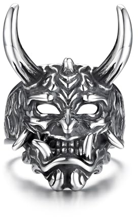 GTHIC – masque Oni japonais en acier inoxydable pour hommes, anneaux de crâne, demi-masque Hannya Vintage, bijoux taille 11