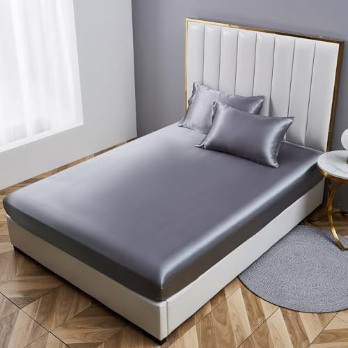 Luowei Satin Spannbettlaken Boxspringbett 160x200cm Sommer Bettlaken Dunkelgrau Seidig Seide Kühlend Microfaser Spannbetttuch 160x200 Weich Maschinenwaschbar für Hohe Matratze bis 25-30 cm