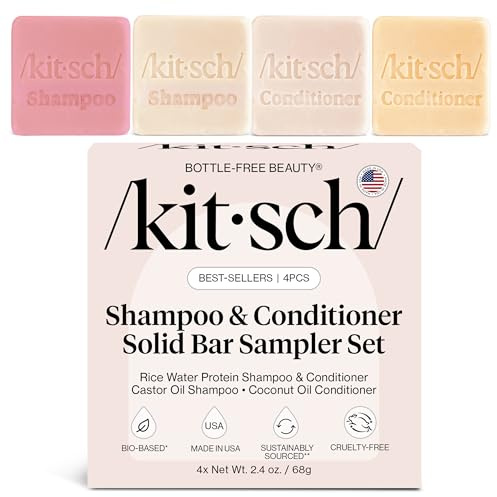 Kitsch 4pc Solid Shampoo & Conditioner Sampler Set – Rice Water & Castor Oil Shampoo Bars, Rice Water & Coconut Oil Conditioner Bars – Bottle-Free Hair Care for Growth, Repair & Moisture