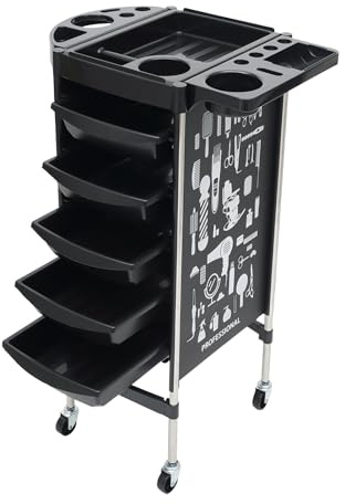 Carro de servicio para peluquería, carrito de trabajo, 5 cajones, carro apilable, ayuda para peluquería, carrito de trabajo, carrito de trabajo, color negro