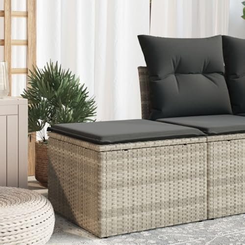 LAPOOH Gartenhocker mit Kissen Hellgrau 55x55x37 cm Poly Rattan, Balkon Hocker, Fusshocker Garten, Hocker Garten, Fußhocker Für Sessel, Gartenmöbel Hocker - 366179