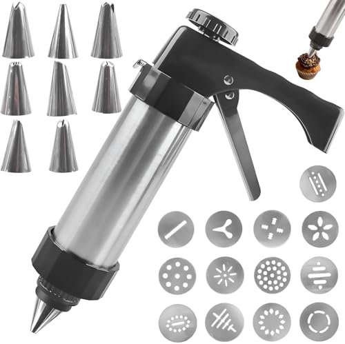 banjiabb Gebäckpresse aus Edelstahl,Gebäckpresse Für Spritzgebäck,Spritzgebäck Presse mit 13 Schablonen und 8 Tüllen,Spritzgebäck Maschine,Gebäckspritze,Plätzchenpresse,Kekspresse,für Kuchen Kekse