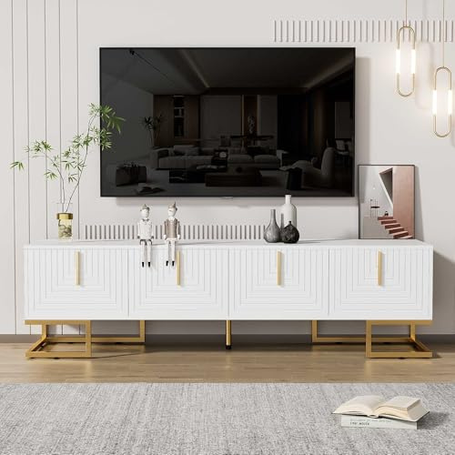WASAGA Mueble TV con Puertas Texturizadas, Mueble Bajo con Cajones Tiradores Dorados y pies Dorados (Blanco)