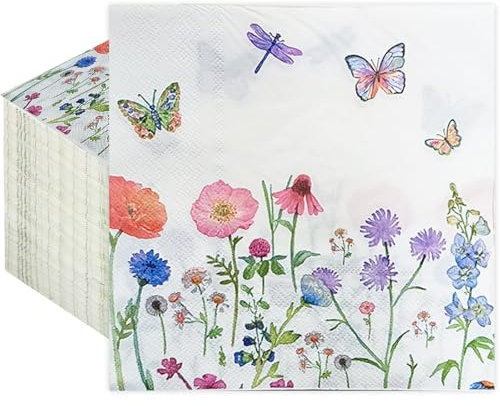 Yamobi Lot de 40 serviettes de mariage, serviettes de printemps, eucalyptus et fleurs, pour fête prénatale, anniversaire, mariage, fête, 33 x 33 cm