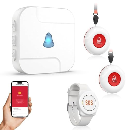 WiFi Caregiver Pager System with Emergency Button for Elderly - 1 SOS Alert Watch + 2 Wireless Call Buttons + 1 Receiver for Seniors Patient Disabled Kids (2.4GHz WiFi, No Monthly Fee)