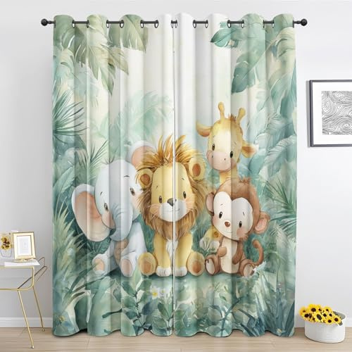 Safari-Tiere Vorhang, Süße Elefant Löwe Affe Giraffe Gardinen mit Ösen 2er Set Verdunkelungsvorhang - Tropische Blätter Vorhänge, Wohnzimmer Schlafzimmer Kinderzimmer Blickdichte vorhänge, 183x214 cm