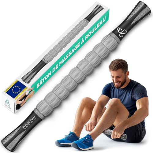 Massage Roller Stick - Grey Black - Hand Held Body Massager with 9 Rollers & Non-Slip Handles - Deep Tissue Massage & Muscle Recovery - Leg, Back, Arm, Thigh, Butt Sculpting Tool - by Cozlow