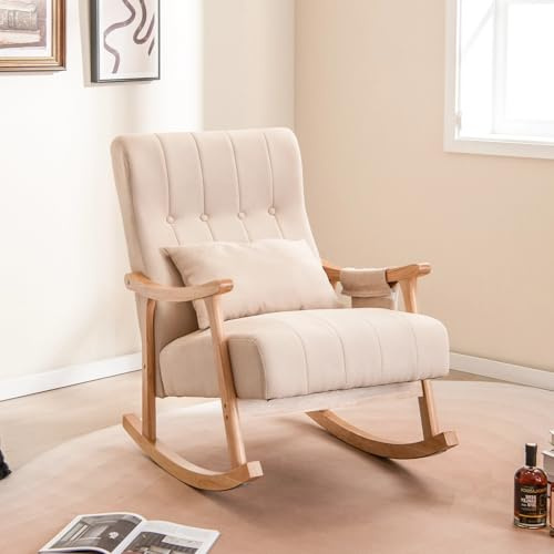 Multigot Nursery Rocking Chair, Linen Fabric Comfy Rocker Armchair with Lumbar Pillow & Side Pocket, Solid Rubber Wood Frame Glider Rocker for Nursery Living Room Bedroom