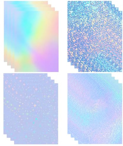 Papel adhesivo para impresora A4, 16 hojas, impermeable, holográfico, vinilo adhesivo (21 cm x 29,7 cm), papel autoadhesivo imprimible con 4 estilos de estrellas mixtas, arco iris, brillo de vidrio