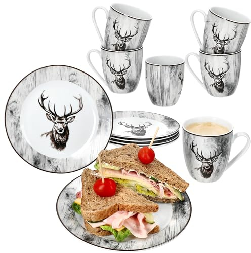 MamboCat Alois 12tlg Frühstücksset I je 6x Frühstücksteller & Kaffeebecher 350 ml aus Porzellan I 6 Personen I Holz-Optik & Hirschmotiv in Schwarz-Weiß I für Frühstück & Kaffee