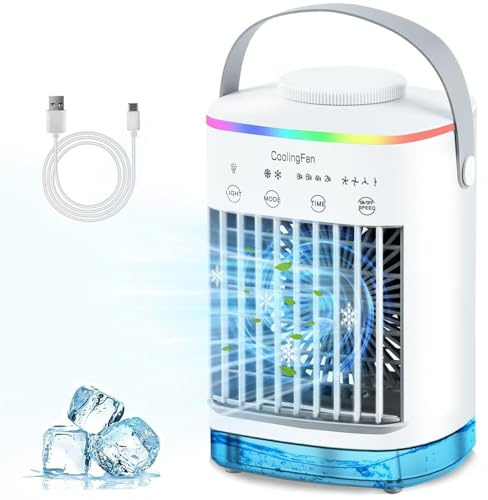 AISHNA Portable Air Cooler, 4-in-1 Portable Air Conditioner, Mini Air Conditioner with 4 Wind Speed & 7 Colour Lights & 700ml Water Tank&2-8H Timer, Evaporative Air Cooler for Home, Office, Bedroom