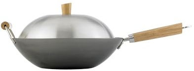 Helen's Asian Kitchen 97005 Helen Chen's asiatiska kök platt botten wok, kolstål med lock och omrörningstekspatel, recept ingår, 34,3 cm, 4 delar set, silver/grå/naturlig