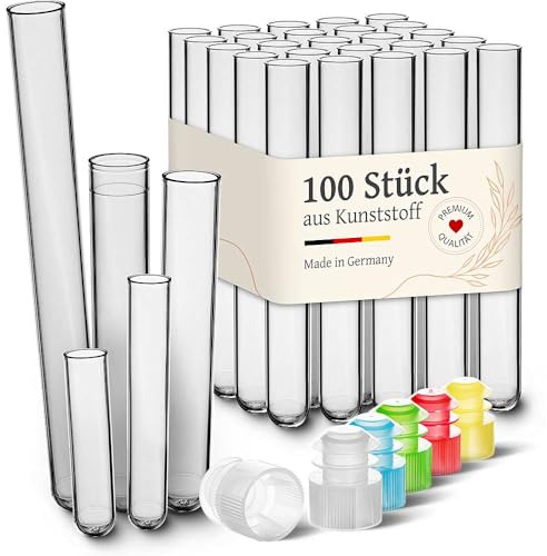 Tuuters 100x Kunststoff Reagenzgläser mit Verschluss Stopfen (150 x ø 16mm) | 5 Farben Mix, Glasklare Plastikröhrchen aus Polystyrol zum Basteln, Verschenken oder als Deko, Reagenzglas für Flüssigkeiten
