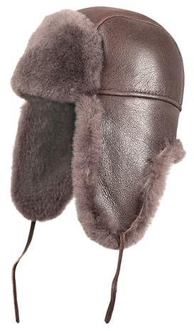 Zavelio Leder Fliegermütze Shearling Uschanka Trapper Hut Russische Schaffell Kappe Echtfell Wintermütze mit Ohrenklappen für Männer Frauen