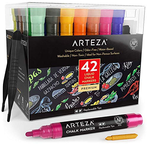 ARTEZA Liquid Chalk Pens, 42 Unique Colours, Includes 50 Chalkboard Labels and Replaceable Tips, Water-Soluble Chalk Pens for Blackboards and Windows