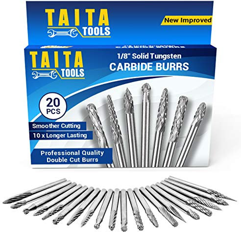 20PC Carbide Double/Single Cut Burr Set - 3mm Shank, Rotary Tool Cutting Bits - Accessories for Dremel, Fordom, Flex Shaft, Dewalt And Multitools - For Wood Carving, Metal Working And Engraving.