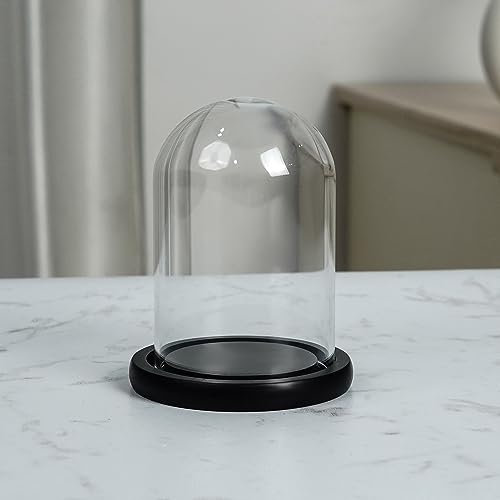 BELLE VOUS Campana in vetro con base nera in legno, 9,7 cm di altezza, campana in vetro trasparente con piano per lampade a LED, centrotavola e antiquariato