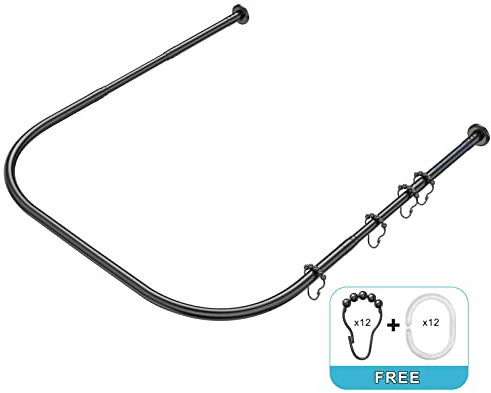 Misounda Duschvorhangstangen U Form Ohne Bohren Duschstange Ecke Badewanne Edelstahl Teleskopstange (70-100)*90*(70-100) cm mit 24 Stück Duschringe,für Garderobe Badezimmer Umkleidekabine- Schwarz