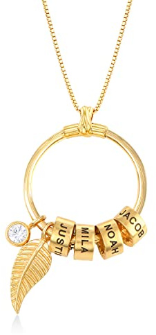 MyNameNecklace MYKA - Personalisierte Linda Kreisanhänger-Kette mit Blatt und Beads - Graviert Name Schmuck Geschenk für Damen - Mutter - Freundin