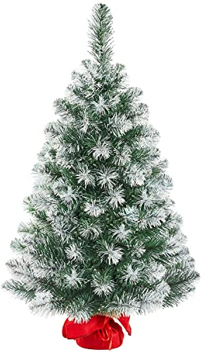 costoffs 1Pcs Pre-Lit Frosted Tabletop Christmas Tree, 3ft, Green & White | 90cm Tabletop Artificial Xmas Tree | Stable Red Cloth Bag Base | 50 Warm LED Lights | Festival & Home Decoration