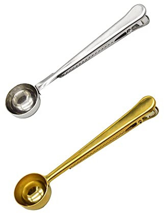 Coffee Scoop and Bag Clip, Long Handled 2 in 1 Tablespoon, Solid Beech Wood Measuring Scoop for Ground Beans, Coffee Beans, Loose Tea (Sliver+Titanium)