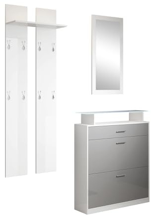MB Muebles Bonitos | Conjunto Recibidor Paola Set con Zapatero | Espejo | Perchero | Luz LED | Diseño Moderno | Melamina Brillo | Color Blanco y Gris