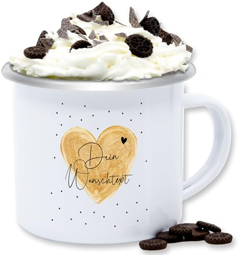Emaille Tasse Blechtasse - Aufdruck selbst gestalten - Dein Wunschtext I Geschenk personalisiert Weihnachten I Vatertag I Muttertag I Geburtstag - 300 ml - Weiß Silber - paartassen