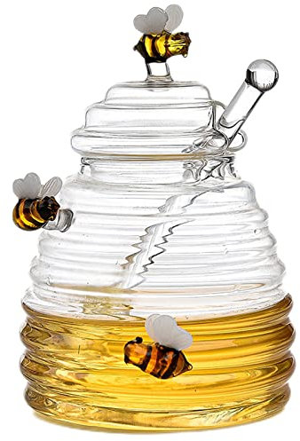 LINGJIONG Honey Jar With Dipper And Lid, Honey Bee Pot, Transparent Glass Honey Jar, Unique Beehive Shape Honeypot