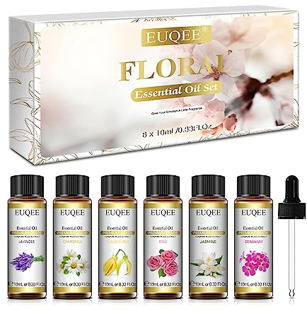 EUQEE 6 Pcs Pure Essential Oils Set, Premium Floral Scent Kit for Aromatherapy Diffuser, DIY Body Care, Home Fragrance, Massage– Lavender, Rose, Ylang Ylang, Jasmine, Geranium, Chamomile