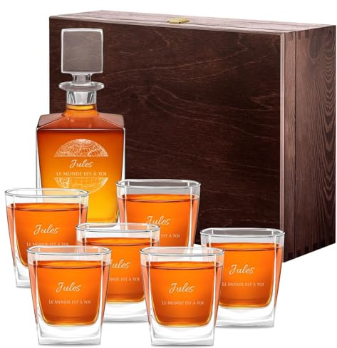 Maverton Carafe en Verre et 6 Verres à Whisky, Cadeau personnalisé | Avec Gravure pour Hommes, pour dégustation de Rhum Scotch Bourbon, pour Gentleman, Cadeau Anniversaire Homme, Monde