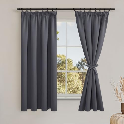 DWCN Blackout Curtains 69 Inch Drop Pencil Pleat Curtains for Bedroom Thermal Insulated Room Darkening Window Drapes for Living Room 55 x 69 Inch Length, Dark Grey, 2 Panels