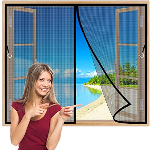Insektenschutz Fenster Vorhang Polyester Lamellenvorhang 80x170 cm mit Heavy Duty Mesh & Full Frame Klettverschluss Klemmleiste Fliegenvorhang Schwarz Z