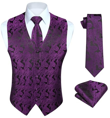HISDERN Herren FLoral Hochzeit Weste Krawatte Einstecktuch Taschentuch Jacquard Weste Anzug Set