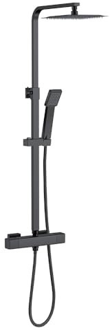 Acezanble Thermostatic Shower Mixer Set Matte Black, Square 38 °C Thermostat Shower System with Rainfall Shower Head, Handheld Shower, Anti Scald Shower Mixer Bar Kit, Adjustable Height