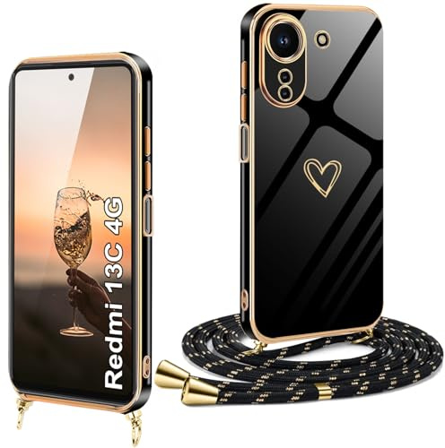 XCYYOO Handykette für Xiaomi Redmi 13C 4G Hülle mit Band, Galvanisierte Silikon Bumper Stoßfest für Xiaomi Redmi 13C 4G Handyhülle mit Herz Love Design