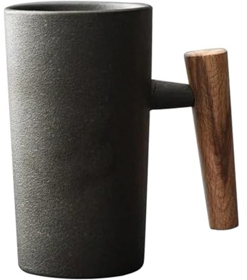 Coffee Mug with Wooden Handle 220ml Wooden Coffee Mug Coffee Mugs Ergonomic Exquisite Stoneware Vintage Mugs Home Office Ceramic Cup for Tea Drinks Water, Black
