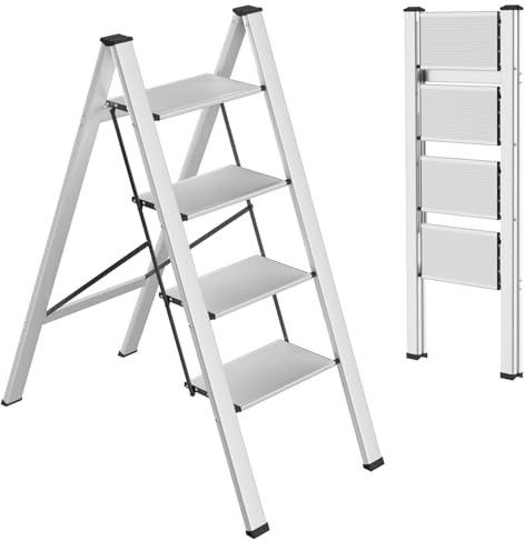 Vikbar aluminiumstege med 4 steg, halkfri pedal, maximal lastkapacitet 150 kg för kök, hem, kontor, gör-det-själv-målning (silver)