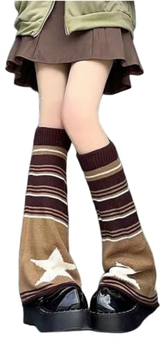 AKAMAS 1 Paar Damen Gothic-Strick-Beinstulpen,Lolita Y2k Kniehohe Strümpfe,Kawaii-Stiefelsocken,Gestrickte Socken mit Sternmuster,Warm Kniestrümpfe aus Baumwolle,Modische Winddichte Wadenstrümpfe