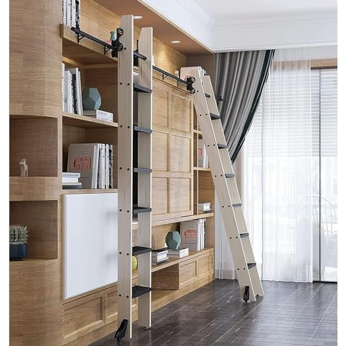 Juego completo de rieles para biblioteca deslizante de tubo redondo, escalera enrollable retráctil para biblioteca, con rodillo de piso con freno, para hogar/interior/loft/biblioteca (sin escalera)