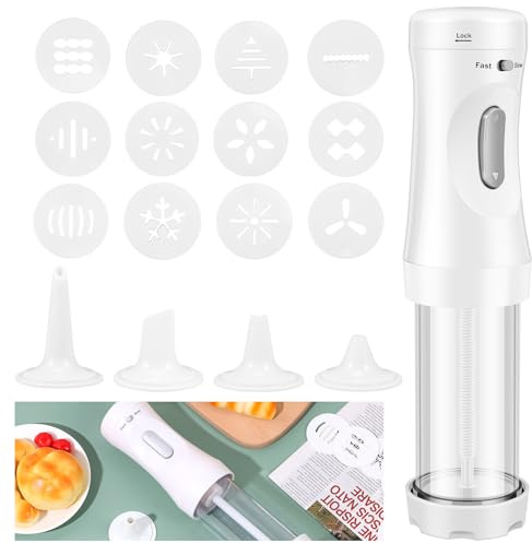 Abizarch Electric Cookie Press Gun，DIY Cookies Maker Set with 12 Cookie Discs and 4 Icing Nozzles, Electric Cookie Press Decorating Kit for Baking Biscuit Maker