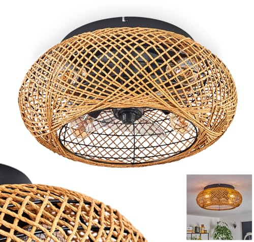 HOFSTEIN Deckenventilator mit Beleuchtung - 4-flammig, Retro/Vintage - Ventilator leise, E27, Fernbedienung, Geschwindigkeitsstufen, Timer, Rechts-/Linksrotation, Braun, 50cm, Wohnzimmer, Schlafzimmer