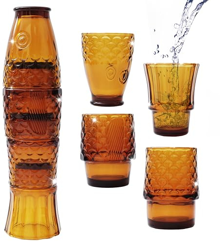 Gökotta Set mit 4 handgefertigten stapelbaren Koi-Karpfen-Cocktailgläsern, Trinkgläser, Retro-Spaß, witziges Geschenk, Dinner-Party, Wasser, Saft, Kaffee, 250 ml, Bernstein