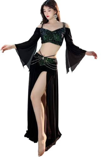 Costumi di Danza del Ventre da Donna, Top Corto con Paillettes Lucide, Gonna da Ballo con Spacco, Abiti di Danza del Ventre di Carnevale di Halloween,Nero,M
