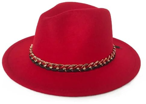 WOYUANSHA Cowboyhüte Filzhut Für Herren Und Damen Modische Hüte Mit Kette Fedora-Hut Rot