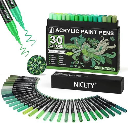 NICETY 30pcs Acrylstifte für Steine Wasserfest – Acrylmarker Multimarker for Steine Bemalen Holz Stein Stoff Leinwand Glas Keramik 0.7 mm ALLtone (grün