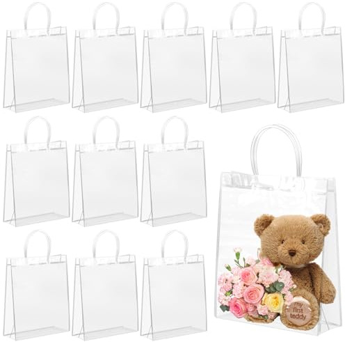 FINEASY Transparent Geschenktüten, 12 Stück, 26 x 20 x 8 cm, Mit Griffen, Wiederverwendbar für Party, Hochzeit, Geburtstag und Einkaufen